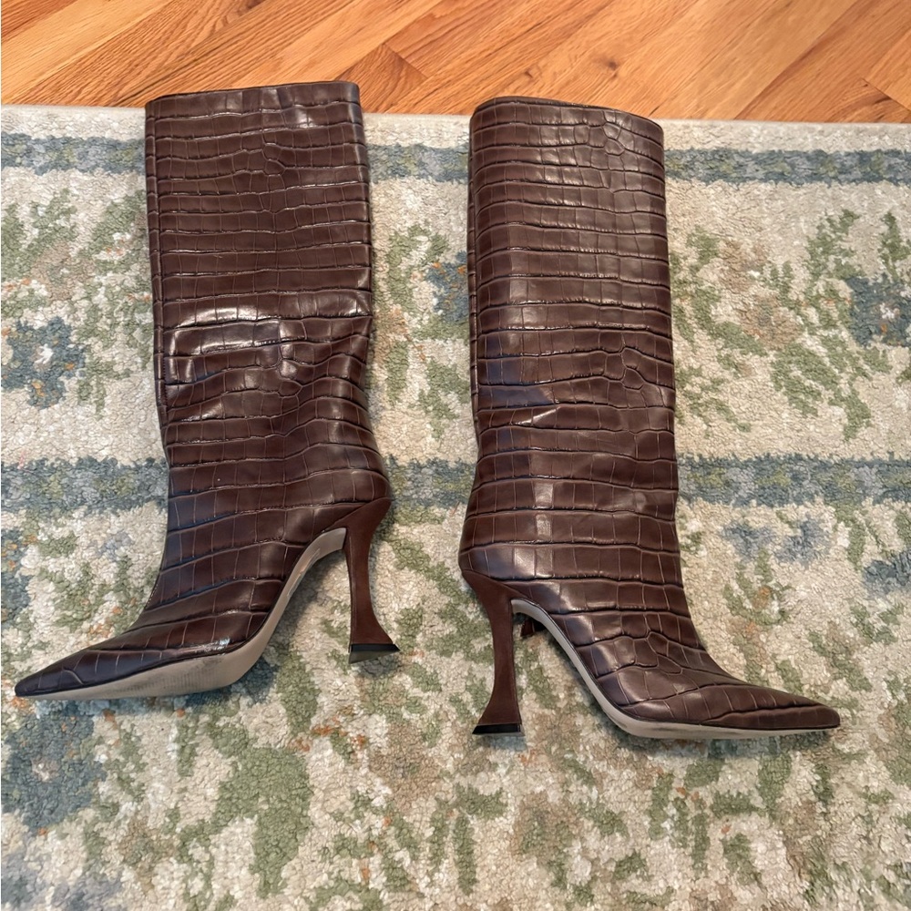Aqua leather Croc-Embossed Knee-High Boots made in Brazil